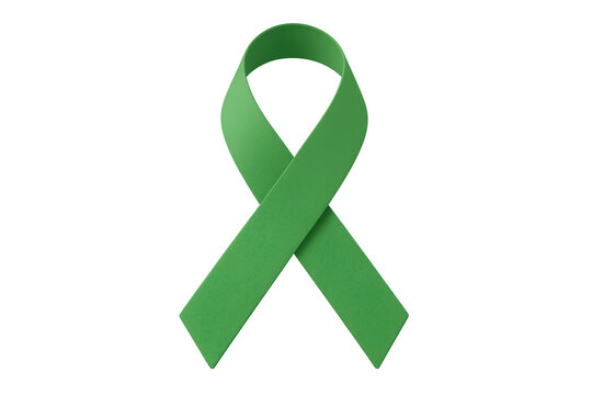 Green awareness ribbon representing mental health, organ, and tissue donation support, floating against transparent backdrop