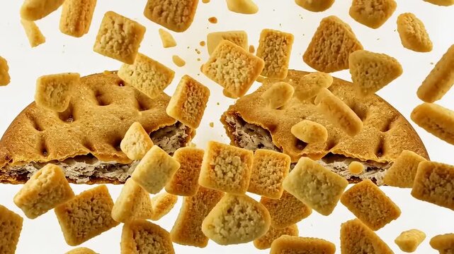 A delicious cookie being broken apart, with crumbs and small pieces flying in the air