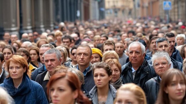 Diverse Crowd of People: A dense gathering of diverse individuals in an urban environment. Their faces reveal a wide array of expressions, each person a unique individual in the throng of humanity.