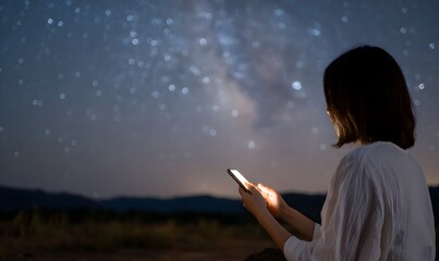Smartphone receiving free Starlink internet signal under starry sky, user checking connectivity