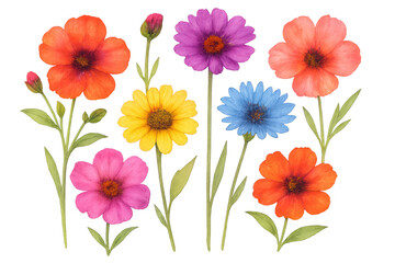 Vibrant flowers with stems and leaves are creating a cheerful and colorful botanical illustration on a transparent background