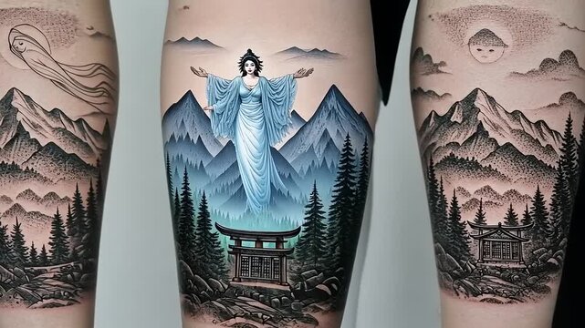 Detailed black and grey tattoo depicting mountains, a temple, and a ghostly figure in a serene landscape