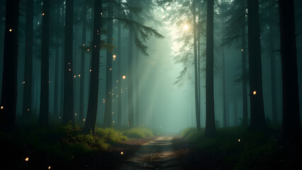 A magical forest path with sunbeams and a warm glow.