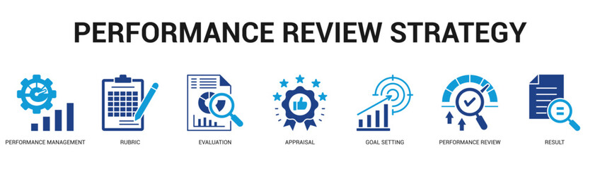 Performance Review Strategy Modern and clean web banner illustration featuring thematic icons for visual communication