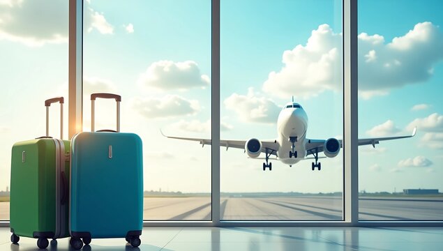 Travel luggage at airport terminal with airplane taking off in background