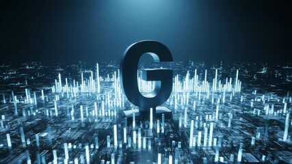 Abstract blue futuristic G letter surrounded by digital data landscape with vertical lines and glowing lights. Concept for technology or cyber space. - Powered by Adobe