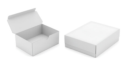 Blank White Cardboard Packaging Boxes: One Open, One Closed, Isolated on White Background for Product Mockup