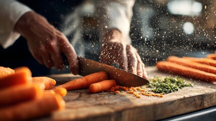 Chef slicing carrots precisely