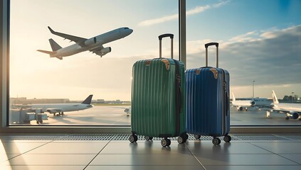 Travel luggage at airport terminal with airplane taking off in background