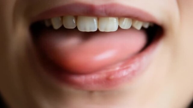 Close-up of a woman sticking out her tongue, showing taste buds and oral health