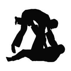 Two judo practitioners or martial artists perform a throwing technique on their opponent.