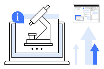 Microscope on laptop screen, information icon, data cards, upward arrows representing research, science, technology, analysis, progress education healthcare discovery. Clean and simple flat