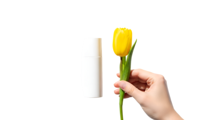 Woman Holds Fresh Yellow Tulip Flower Near White Bottle on Transparent Background Isolated