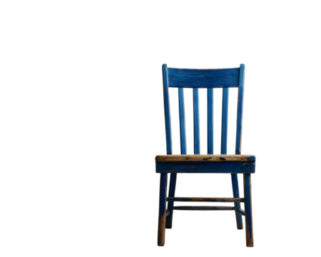 A weathered blue wooden chair against a black background.