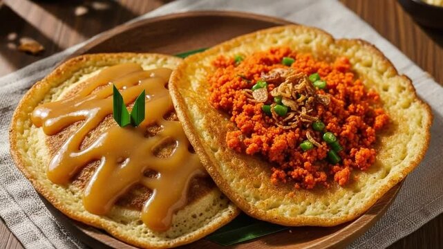 Authentic Indonesian Serabi Pancakes: Sweet Palm Sugar Syrup and Savory Spiced Toppings Served on a Wooden Plate, a Traditional Asian Culinary Delight