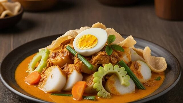 Savory Indonesian Coconut Milk Curry with Steamed Rice Cakes, Boiled Egg, and Fresh Vegetables, Garnished with Crispy Crackers on a Dark Plate
