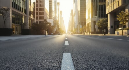 Obraz premium Sun-Drenched City Street with Modern Architecture and Golden Hour Light