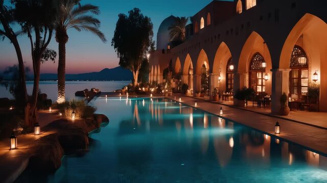 Luxury resort poolside at sunset with elegant arches, palm trees, and mountain view

