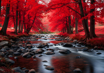 Serene Red Forest with Flowing River in Autumn