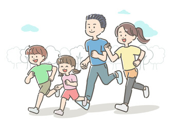 屋外でジョギングするファミリーのイラスト
