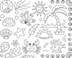 Whimsical Beach Day Doodle: A collection of playful, black-and-white line art doodles captures the essence of a sunny beach day. From seashells and starfish to a friendly crab and palm tree.
