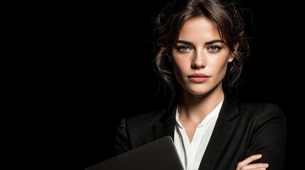 Woman in business suit, arms crossed, holding laptop, serious expression