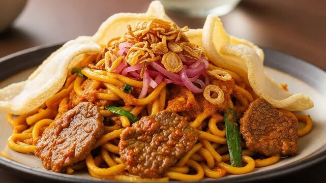 Savory Asian Stir-Fried Noodles with Tender Meat, Crispy Toppings, and Pickled Onions on a Dark Plate, a Delicious Traditional Meal