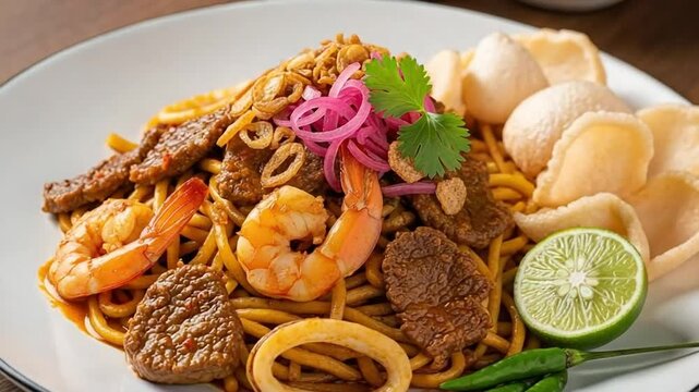 Flavorful Stir-Fried Noodles with Shrimp, Beef, and Calamari, Garnished with Pickled Onions, Fresh Herbs, and Crispy Crackers