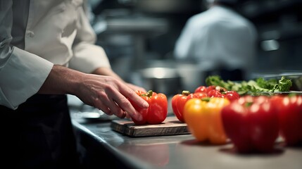 Side view of a focused chef preparing bell pepper