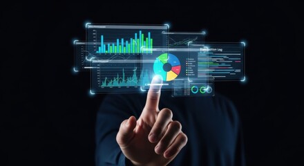 Hand Interacting with Futuristic Holographic Financial Data Displays