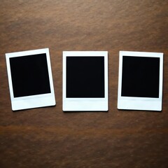 Row of empty polaroid frames on a textured wooden surface , wooden, border, photo