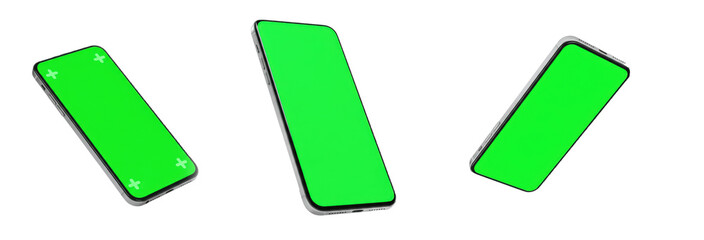 Smartphone with Green Screen PNG Set Isolated on Transparent Background – Modern Mobile Phone Mockups from Different Angles, Perfect for App Design, Tech Presentations, Advertising, and Digital Media 