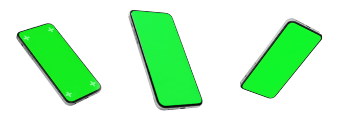 Smartphone with Green Screen PNG Set Isolated on Transparent Background – Modern Mobile Phone Mockups from Different Angles, Perfect for App Design, Tech Presentations, Advertising, and Digital Media 