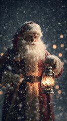 Santa holding a glowing lantern in a snowy night