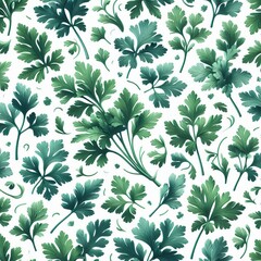 Green parsley leaves pattern on white background creates a natural, botanical, fresh design.
