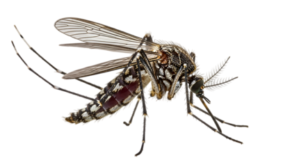 Detailed macro photograph of a mosquito isolated on transparent background showing intricate wing patterns and legs with blood visible