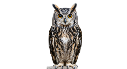 Majestic Eurasian Eagle Owl perched on a branch showcasing its detailed plumage and intense gaze isolated on Transparent Background symbol of wisdom and nocturnal hunter