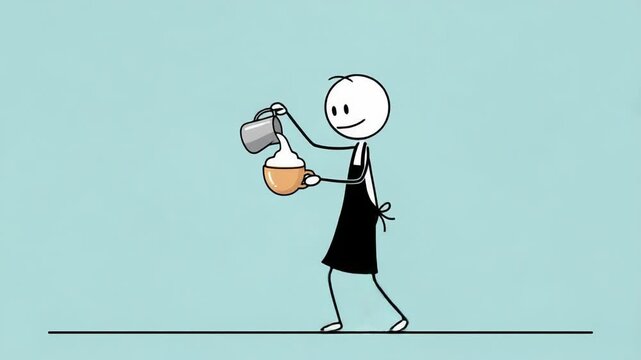 Stick Figure Barista Pouring Milk into Coffee Cup