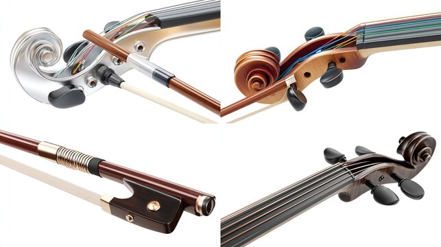 Detailed views of violin components scroll, pegs, strings, bow, body, and bridge