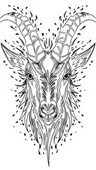 Obraz premium Black and White Tribal Goat Head Illustration – Symmetrical Ornamental Animal Design