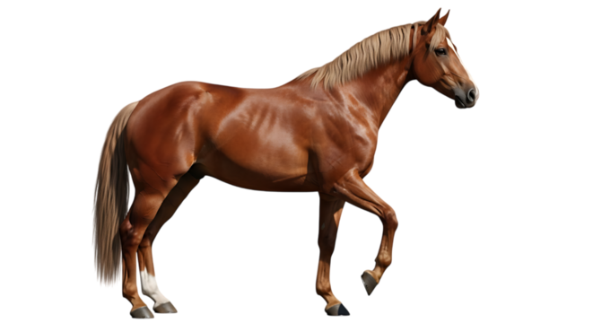 Majestic Chestnut Horse with Flowing Mane Trotting Gracefully Isolated on Transparent Background Elegant Equine Power and Beauty Captured in Motion for Commercial Use
