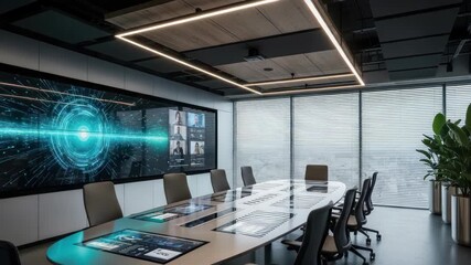 Futuristic Smart Conference Room with Interactive Display and Video Conferencing Setup - Powered by Adobe