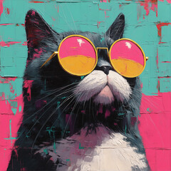 Pop Art Cool Cat with Sunglasses on Vibrant Background