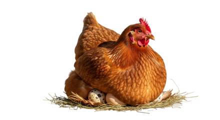 Brown hen sitting on eggs in straw nest farm animal isolated on transparent background natural farming concept