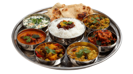 A colorful Indian thali platter featuring basmati rice, naan, and a variety of vegetarian curries and chutneys served in steel bowls.