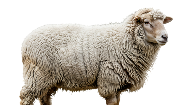 A fluffy white sheep standing peacefully in a natural outdoor environment with its woolly coat highlighting its gentle nature and farm life on Transparent Background