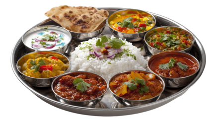 A colorful Indian thali platter featuring basmati rice, naan, and a variety of vegetarian curries and chutneys served in steel bowls.