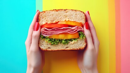 Hands hold ham sandwich, colorful background, food photography, advertising