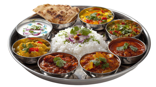A colorful Indian thali platter featuring basmati rice, naan, and a variety of vegetarian curries and chutneys served in steel bowls.