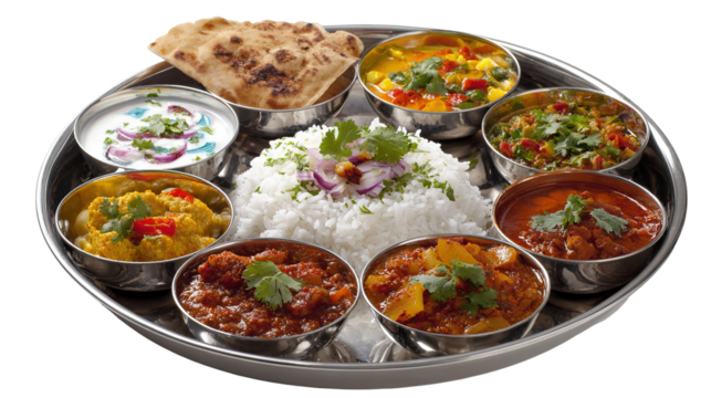 A colorful Indian thali platter featuring basmati rice, naan, and a variety of vegetarian curries and chutneys served in steel bowls. - Powered by Adobe